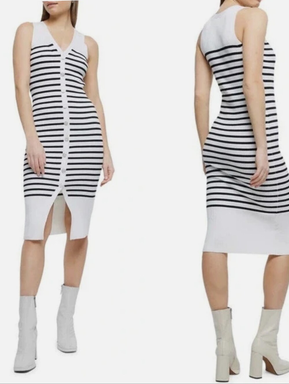 🆕⭐River Island Ivory White & Black Striped Button-Front Midi Dress